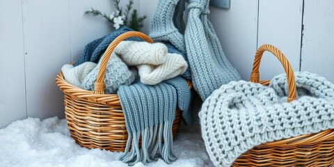 Cozy winter scene with knitted garments and wicker basket, snow-covered landscape, rustic home decor, cozy winter scene