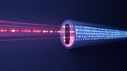 Data streams through fiber optic cable; digital flow, dark background; tech illustration
