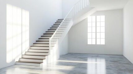 Obraz premium Sunlit modern staircase in bright white room, interior design