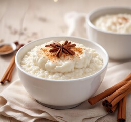 Creamy white rice pudding in a small bowl with a sprinkle of cinnamon on top, cinnamon, comforting