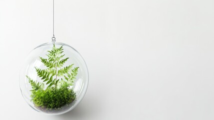 Hanging terrarium globe fern plant white background decor