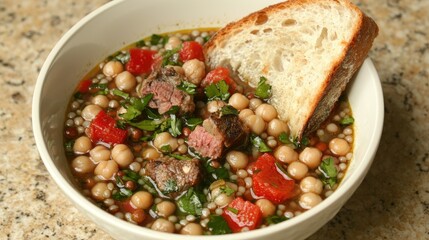 Hearty chickpea and beef soup with crusty bread.