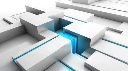 Abstract white cubes, blue light, connection, digital background, technology concept