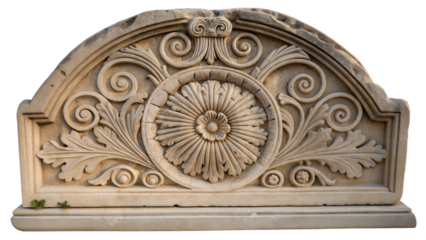 Arched stone carving with central rosette design. Classical architectural detail featuring symmetrical scrollwork. Concept of: historic preservation, architectural restoration