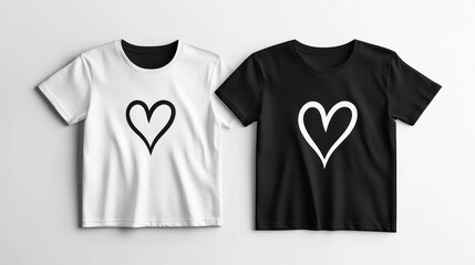Naklejka premium White & black heart-print tees on white background; mockup for apparel design