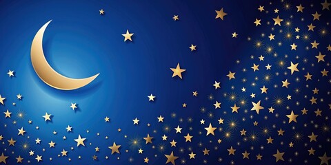 Naklejka premium Dark blue background with scattered stars and a crescent moon in the sky, night sky, dark blue background, celestial bodies, stellar night sky, celestial scene