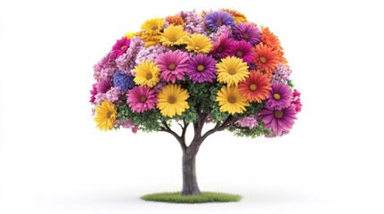 Colorful flower tree, spring, isolated, white background, design element