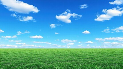 Sunny day, green field, blue sky, fluffy clouds, idyllic landscape
