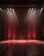 Dark red stage lights illuminating a darkened theatre, smoke, red lights