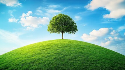 Fototapeta premium Lone tree hilltop, sunny sky, green grass, nature scene, environmental concept