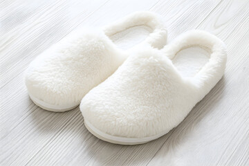 Fluffy white house slippers on wooden floor, warm and stylish indoor footwear for home comfort, winter essentials, and luxury relaxation