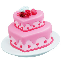 3D Pink heartshaped twotiered cake with roses and hearts suitable for Valentines Day, weddings, anniversaries, and romantic celebrations.