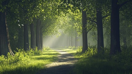 Fototapeta premium Sunlit path through misty forest; morning light; nature; tranquility; background foliage; website banner