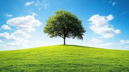 Lone tree on grassy hill, sunny sky, nature background, environmental poster