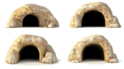 Big Empty Rock Caves With Entrances Isolated on White Generative AI