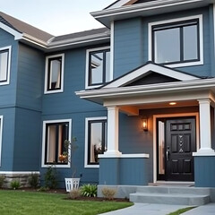 Fototapeta premium Stunning Modern Home Exterior: Blue Facade, Contemporary Design, Luxury Real Estate