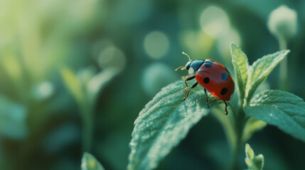 Fototapeta premium A ladybug rests on a vibrant green leaf, bathed in soft sunlight.