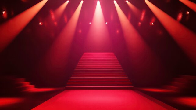 Red carpet bollywood stage maroon stage spotlight award background template corporate abstract design template banner certificate dynamic, copy center space for your product, 3D rendering image.