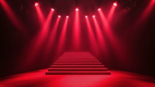 Red carpet bollywood stage maroon stage spotlight award background template corporate abstract design template banner certificate dynamic, copy center space for your product, 3D rendering image.