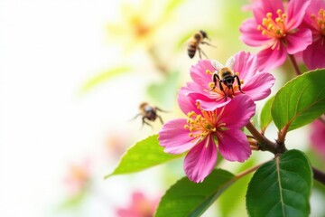 Colorful linden flowers and surrounding honeybees against a white background, nature, linden flowers, honeybee