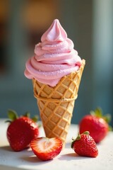 Creamy strawberry ice cream in a crunchy waffle cone, ice cream, warm weather, sweet treat