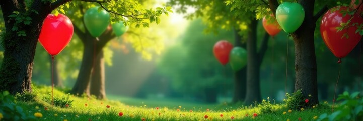 Obraz premium Filled with red and green balloons and lush greenery, greenery, tree