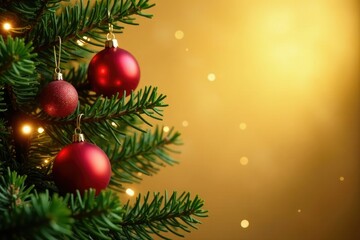 Fir branch with ornaments and lights against a golden Christmas background, shine, warm, fir