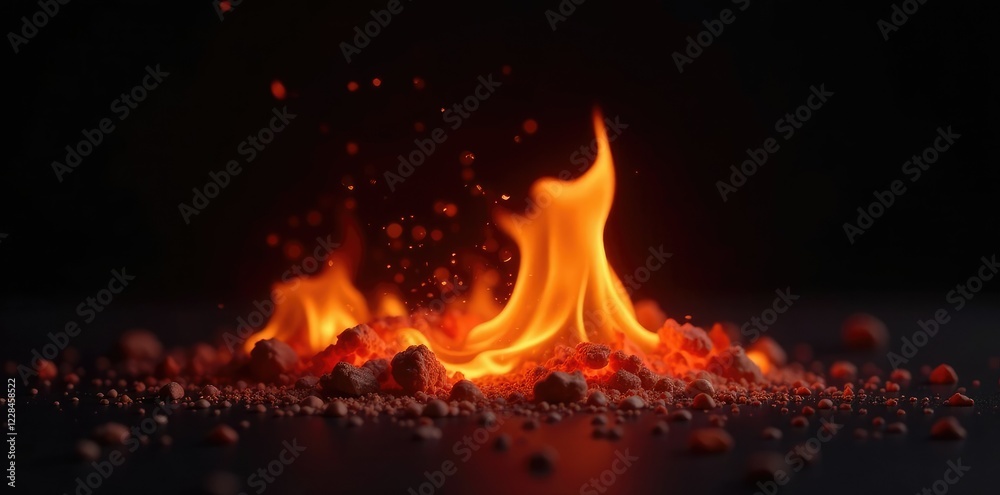 Wall mural flickering flame with glowing ember sparks on black background in warm lighting, ember, warmth