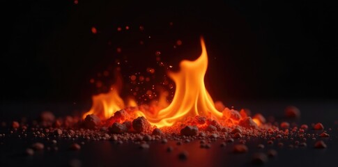 Fototapeta premium Flickering flame with glowing ember sparks on black background in warm lighting, ember, warmth