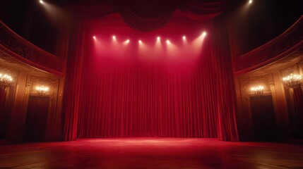 Red curtains covering stage in grand theatre lit with spotlights
