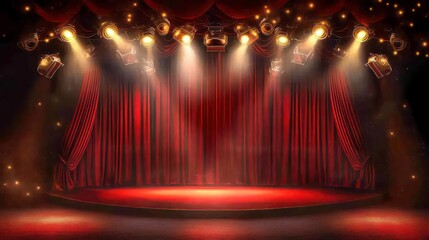Red curtains covering stage in grand theatre lit with spotlights