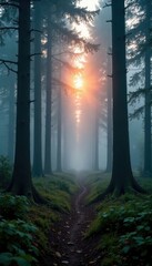 Obraz premium Fog swirls around ancient tree trunks in the forest at dusk, , foliage, forest