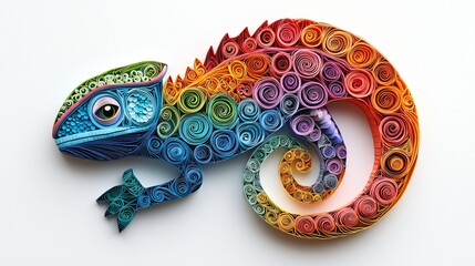 Fototapeta premium Colorful Rolled Paper Chameleon Art Creation Detailed Rainbow Hued Reptile Artistic Design.