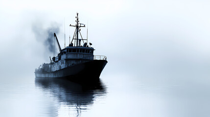 Naklejka premium Mysterious ship silhouette in fog on water, atmospheric and dramatic. Whispering Harbor. Illustration