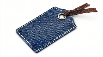 Denim Texture Tag With Brown Leather Tie And Metal Eyelet Isolated On White Studio Surface