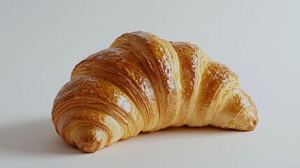 Flaky Golden Brown Pastry Single Baked French Croissant Delicious Treat Isolated Plain Background.