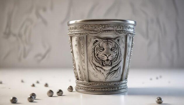 Ein dekorativer austerhaltiger Becher mit Perlen in wei&szlig;em Hintergrund, dekorationsart, minimalistisch, detail