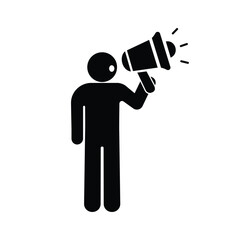 Fototapeta premium loudspeaker icon, man with megaphone, stickman silhouette stick figure, announcement, simple flat black, isolated on transparent