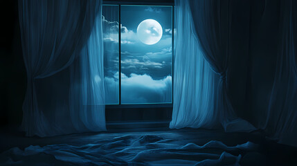 Softly glowing moonlight filters through sheer curtains, haven, peaceful, clouds. Whispering Harbor. Illustration