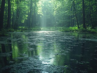 Obraz premium Sunlight Pierces a Misty Forest and Reflects on the Calm Surface of a Forest Pond