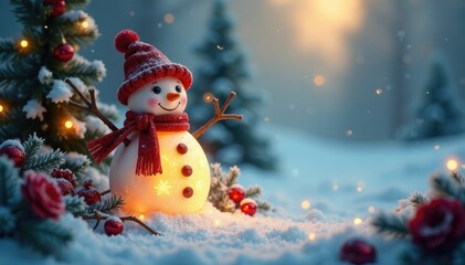 Lantern-lit snowman amidst frosted trees and flowers, lantern, festive, floral