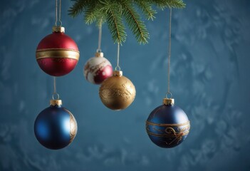 Hanging Christmas ornaments on a blue background, holiday, decorations