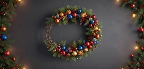 Festive circular wreath with multicolored Christmas balls and decorations, Christmas decor, ball, winter wonderland
