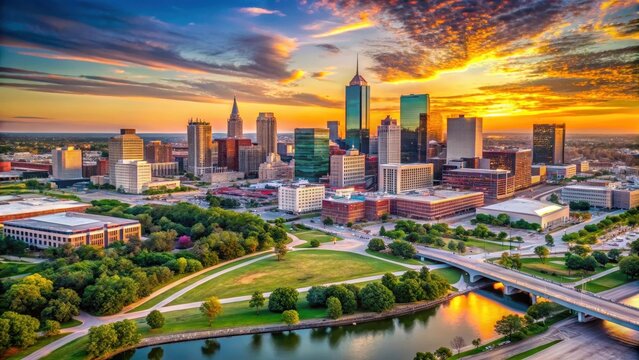 Aerial view of the Omaha skyline at sunset, omaha skyline, america, omaha skyline, america, sunsets