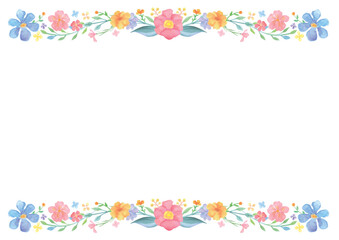 水彩の優しいタッチの花で上下を飾った背景-横型