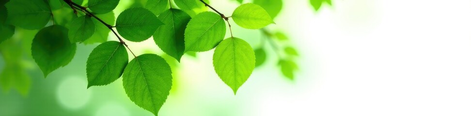 Fototapeta premium Lush green leaves on a tree against a white background, natural world, serene