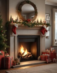 Fireplace with Christmas tree and stockings hung on mantel, warm glow, cozy atmosphere