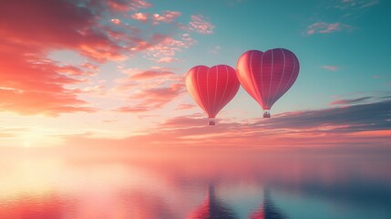 Obraz premium Two Heart Shaped Balloons Floating Above a Dreamy Landscape Sky With Soft Clouds.