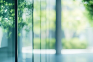 Fototapeta premium Glass panes reflect blurred greenery and light