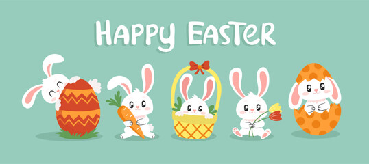 Happy Easter banner design. Cute vector rabbits cartoons. 
